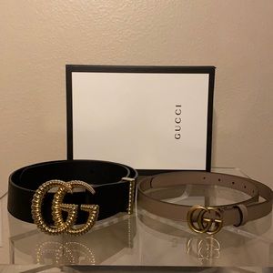 GUCCI BELT BUNDLE Black and gold & Taupe and gold belts size 32